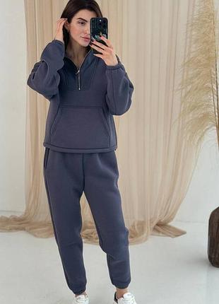 Теплый женский графитовый спортивный костюм на флисе, тёплый женский серий спортивный костюм на флисе