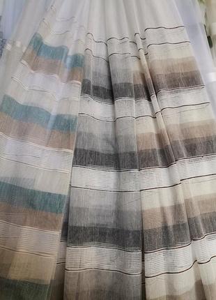 Тюль лен с полосками серого цвета