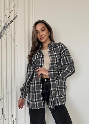Рубашка оверсайз женская в клетку фланель 42-48 серо-черная
