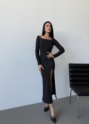 Теплое платье женское длинное миди с разрезом на ножке рубчик плотный с начесом 42-46 черное