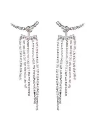 Серьги сережки серёжки шторы длинные блестящие с камушками камеями бриллиантами висячие тонкие серебристые нарядные вечерние3 фото