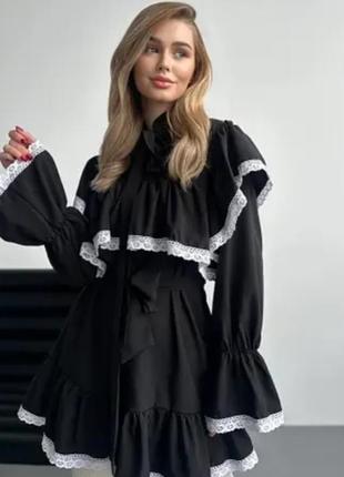 Платье воротник стойка с бантом воланы черный