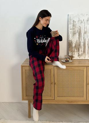 Пижама женская красно-синяя в клетку happy holidays праздничная