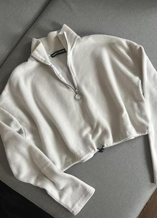 Кофта флис белая короткая женская с горловиной на застежке s