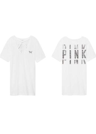 Футболка pink victoria’s secret, белая удлиненная футболка, футболка с лого, футболка оверсайз, футболка с чокером, трендовая футболка свободного кроя