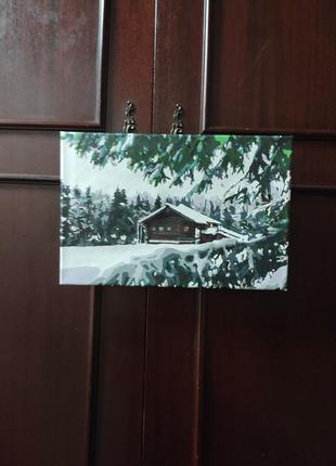 Картина зимний домик в лесу заснеженном   20*30 см