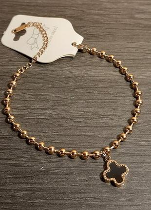 Браслет клевер, медсталь, позолота, черный клевер