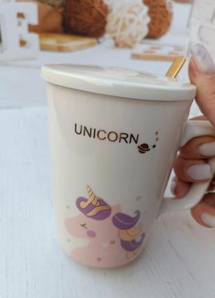 Чашка snt 20627- unicorn кераміка з кришкою та ложкою 400 мл