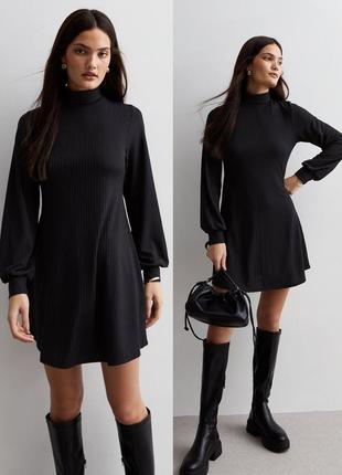 Платье в рубчик с высокой горловиной new look черное платье-гольф платье-водолазка а-силуэта