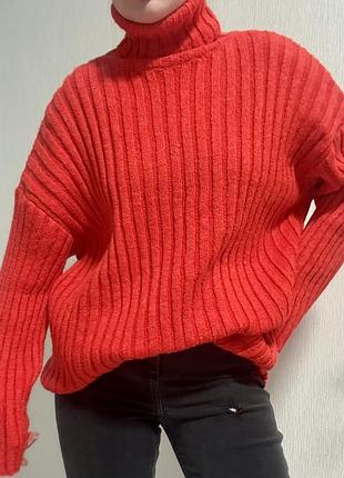 Обʼємний светр george в рубчик/ вʼязаний/ помаранчевий/рудий/рижий / високе горло / теплий вʼязаний светр