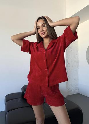 194 піжама червона велюр сорочка з коротким рукавом + шорти
