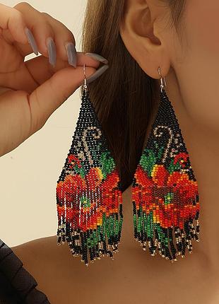 🔺🍒🌻сережки з бісеру "маки" під вишиванку