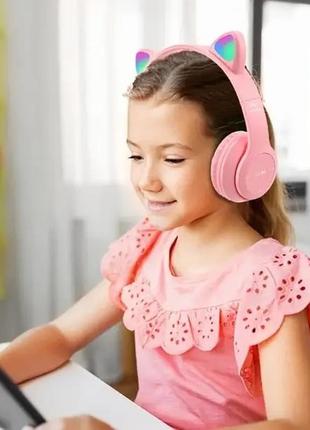 Дитячі бездротові навушники кішки p47 bluetooth 5.0, що світяться, з мікрофоном, рожеві