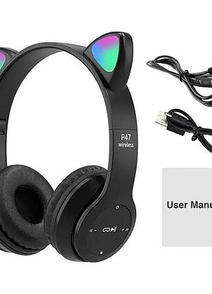 Дитячі бездротові навушники кішки p47 bluetooth 5.0, що світяться, з мікрофоном, чорні