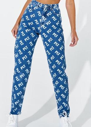 Плотные мом джинсы plt с монограммным лого синие slim mom