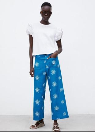 Брюки кюлоти zara льняні з вишивкою