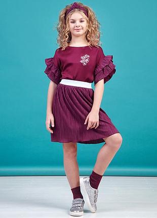 Бордовий комплект блуза з рукавами 3/4 і спідниця-плісе zironka 140, 146, 152, 158, 164