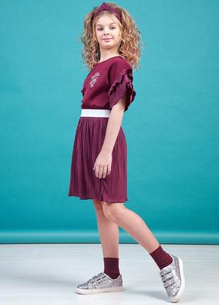 Бордовый комплект блуза с рукавом 3/4 и юбка-плиссе zironka 140, 146, 152, 158, 1642 фото