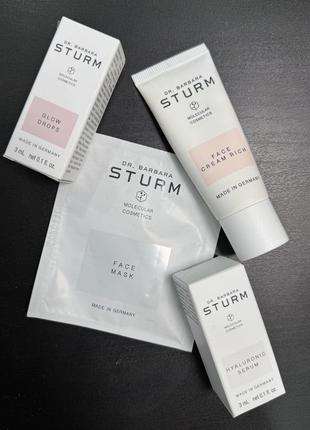 Dr barbara sturm набір face mask, face cream rich, glow drops, hyaluronic serum сиворотка для обличчя, крем для обличчя, маска