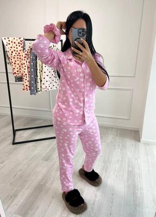 Пижама тройка, рубашка, штаны, резинка для волос / домашний костюм на пуговицах