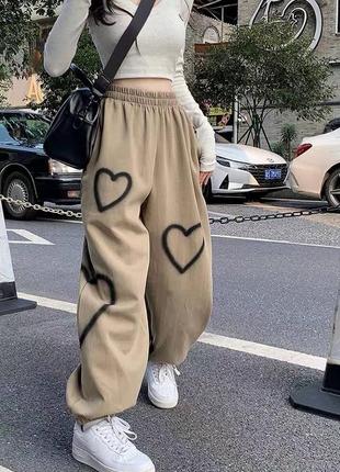 Хитовые брюки с сердечком, теплые женские штаны в стиле оверсайз