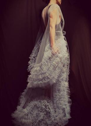 Пеньюар прозрачный макси, накидка фатиновая в пол, халат фатиновый с рюшами magelite для фотосессии