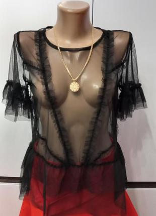 Р. 42 44 xs 160|80a h&m прозора блуза чорна блузка з фатіну зрюшами швеція