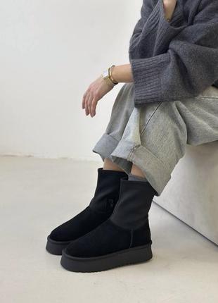 Угги на резинке замша на платформе черные