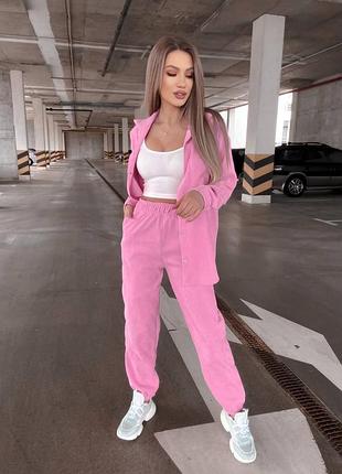 Костюм жіночий однотонний оверсайз сорочка на кнопках з кишенями штани на високій посадці якісний рожевий марсала