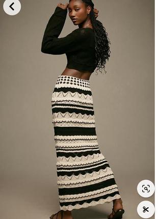Спідниця в'язана гачком ажурна пряма смужка в смужку тепла біла чорна міді висока посадка етно візерунок орнамент