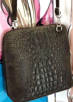 Женская замшевая сумка италия кроссбоди хаки жіноча сумка натуральний замш1 фото
