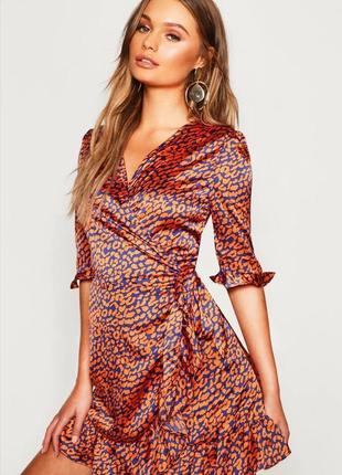 Сукня помаранчева синя принт сатин атлас міні