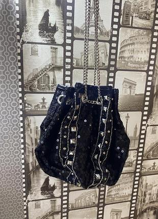 Чёрная эффектная маленькая сумочка мешок вся в пайетки