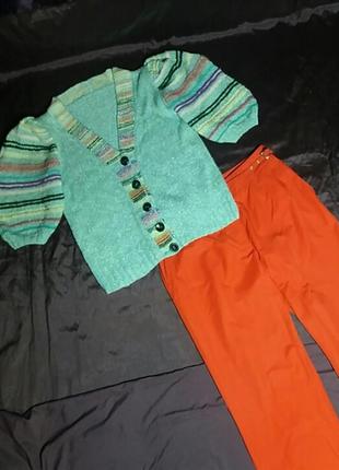 Кардиган теплий блакитного кольору у кольорову  смужку. рукави бути.хендмейд