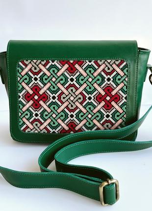 Зеленая сумка, кожаная сумка с орнаментом, сумка с вышивкой