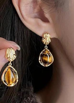 Серьги капли с тигровым глазом, винтажный стиль, 4328
