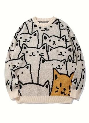 Новый стильный свитер с котиками, oversize свитер, милый свитер с принтом, мужской-женский свитер