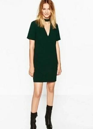 Изумрудное платье zara прямого кроя размер л, платье, платье с чокером, прямое платье зара h&m mango