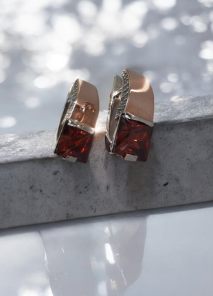 🛍 серьги серебро с золотом фианит красный