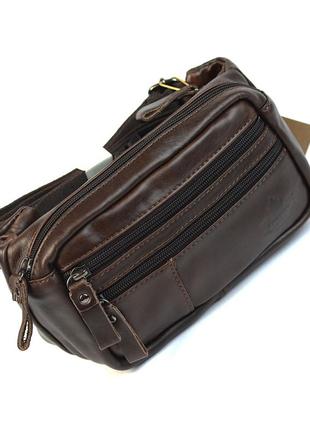 Темно-коричнева маленька кавова нагрудна шкіряна сумка бананка через плече