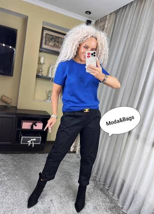 Женская молодёжная стильная модная однотонная вязаная футболка оверсайз р.42/48 синий (электрик)