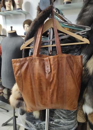 Кожаная сумка шоппер ручной работы светло коричневого цвета