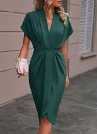 Платье миди, зеленое, на запах