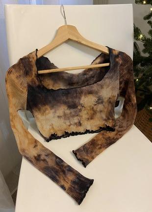 Кроп топ тайдай, лонг в рубчик, хлопковый реглан укорочения кофта тай дай топ с длинным рукавом