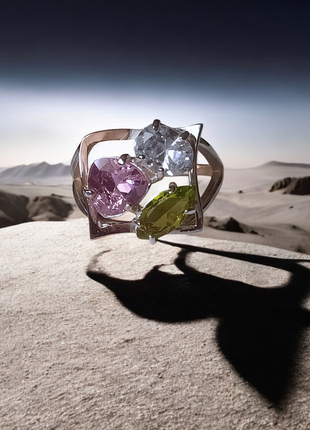 🫧 20 размер кольцо серебро с золотом цирконий розовый белый салатовый