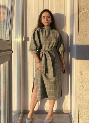 Платье zara в клетку в клетку миди пышные рукава пояс