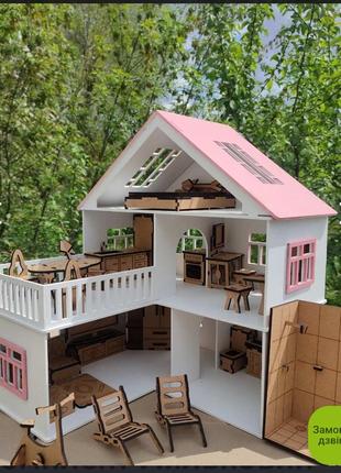 Комплект ляльковий будинок з меблями 32 позиції біло рожевого кольору