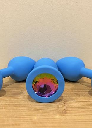 Блакитний анальний корок з різнобарвним кристалом 100% силікон