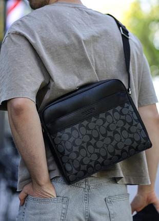 Брендова чоловіча шкіряна сумка coach charles camera crossbody messenger bag signature black