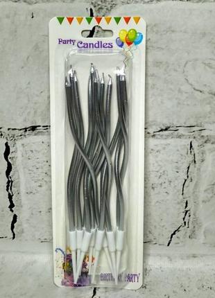 Свечи для торта завитушки перламутр 12 шт 13 см серебристые